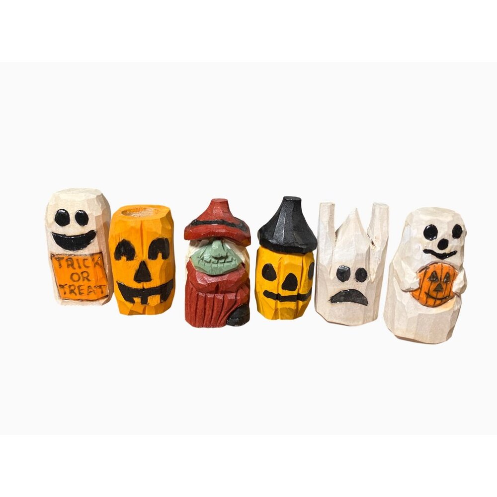 Handcrafted Wood Carved Halloween Figures Set Of 6
